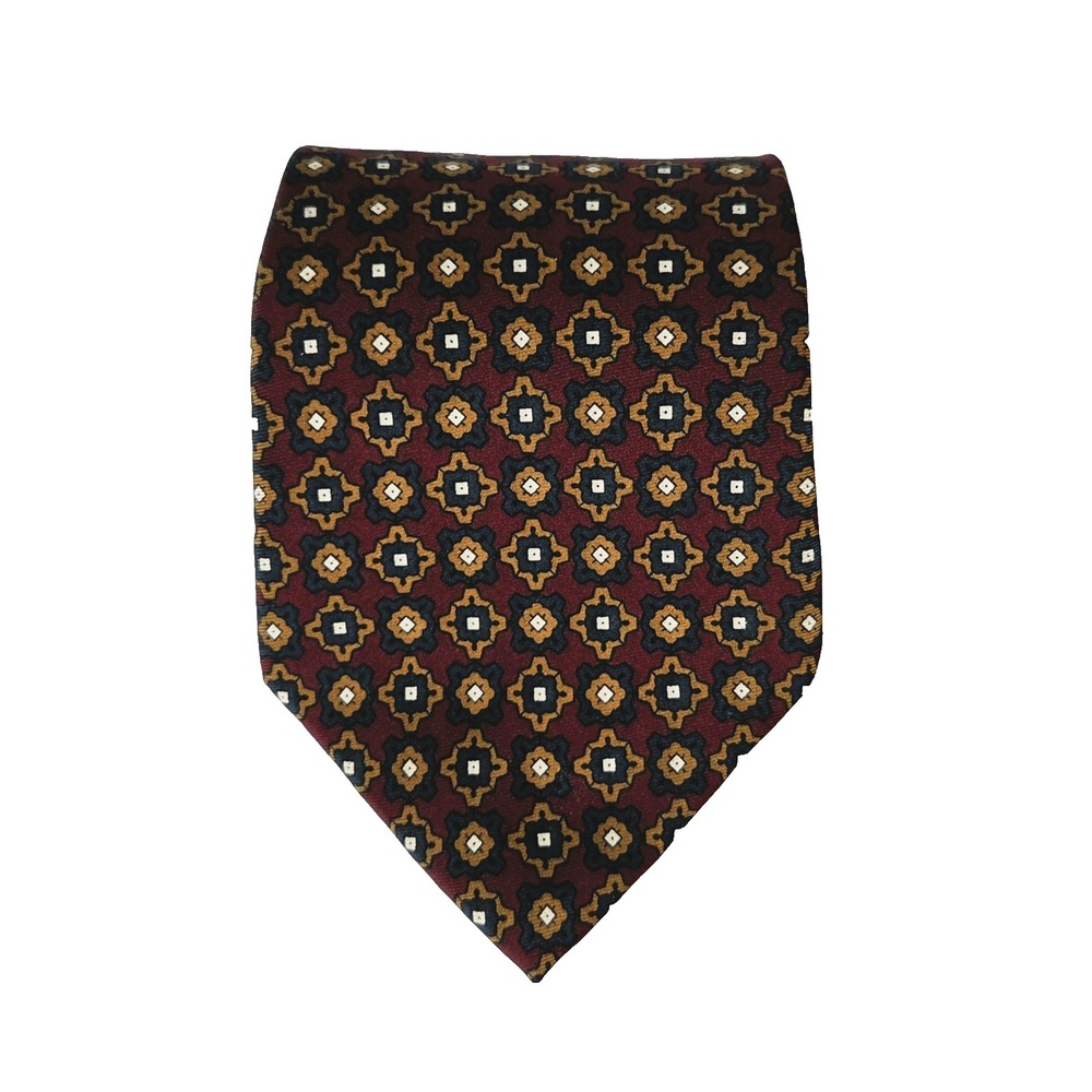 Vtg Burberrys 100% Silk Necktie USA Designer Geometric Burgandy/Navy/Tan